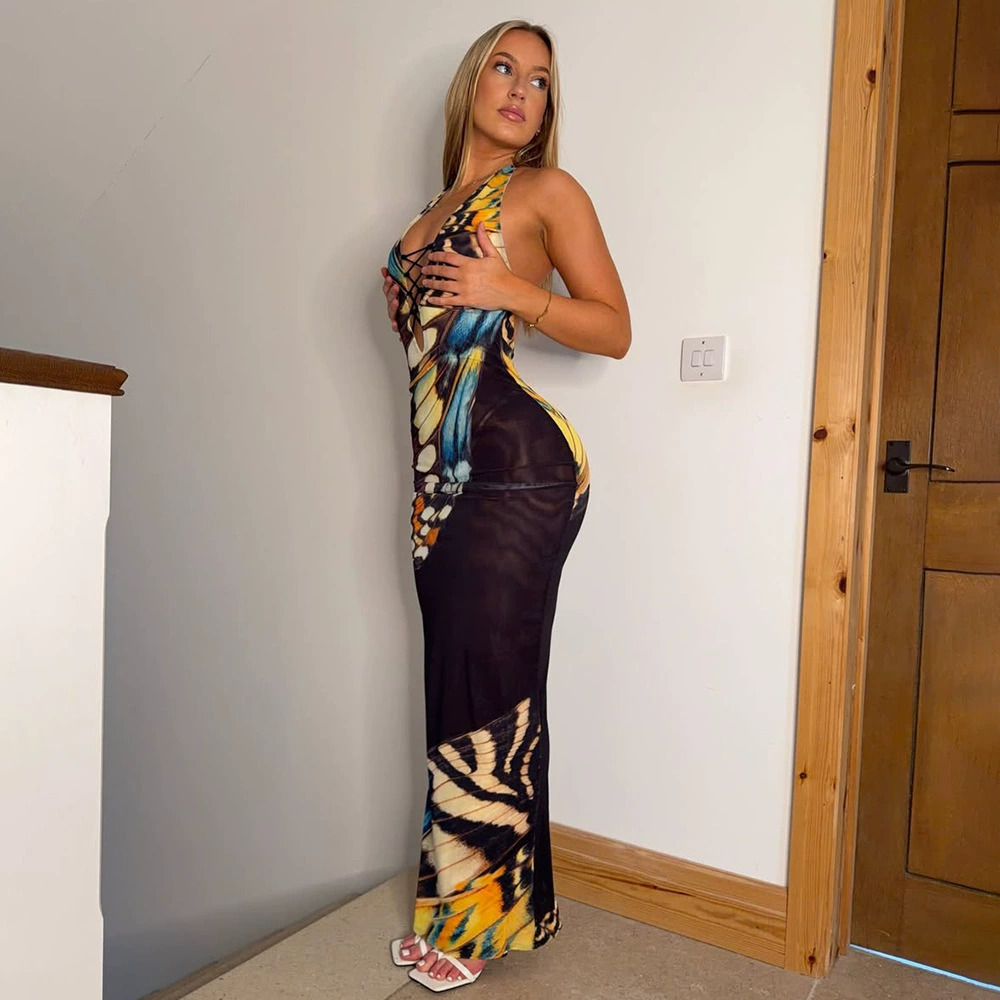 ZARA Sexy Summer Butterfly Print Halter Backless Bodycon Maxi Dress